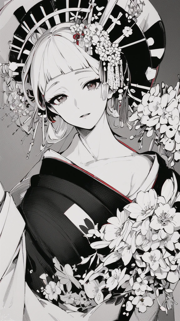 {{{{masterpiece}}}}, {{{hyper detailed}}}, {{{highres}}}, {{good anatomy}}, (((best quality))), ((an extremely delicate and beautiful)), {{an extremely detailed and delicate}}, {8k cg wallpaper}, {{illustration}}, (greyscale with colored background:1.05), (white and black background:1.1), flowers, (chromatic aberration:1.2), upper body, mature female, (1girl:1), solo, oiran, (japanese clothes:1.2), (pale face:1.2), medium breasts, hiten1,