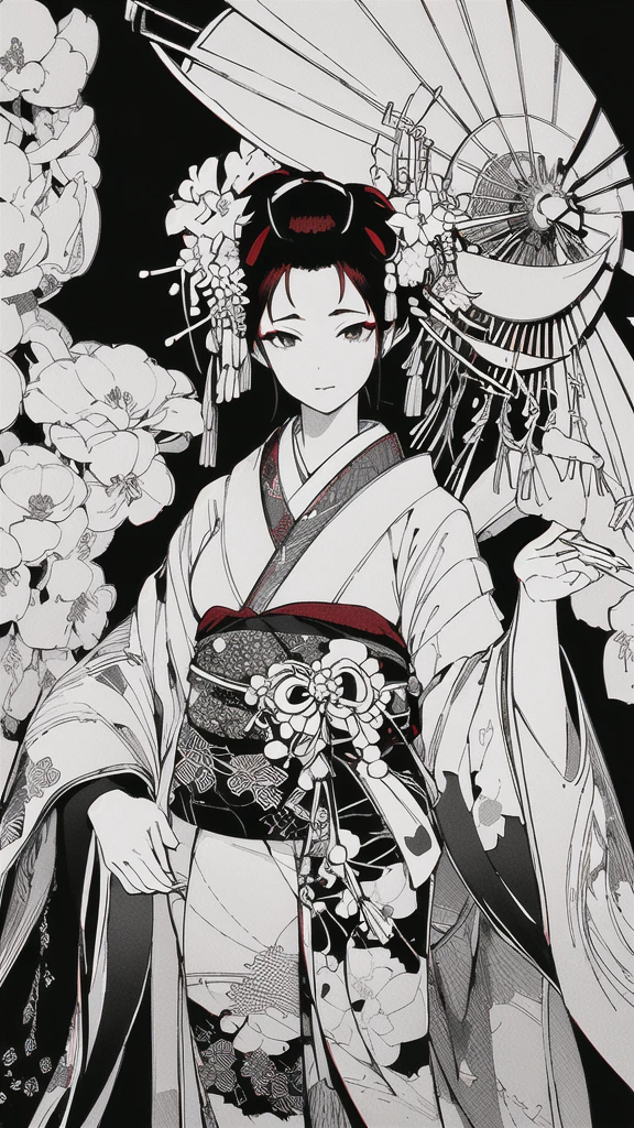 {{{{masterpiece}}}}, {{{hyper detailed}}}, {{{highres}}}, {{good anatomy}}, (((best quality))), ((an extremely delicate and beautiful)), {{an extremely detailed and delicate}}, {8k cg wallpaper}, {{illustration}}, (greyscale with colored background:1.05), (white and black background:1.1), flowers, (chromatic aberration:1.2), upper body, mature female, (1girl:1), solo, oiran, (japanese clothes:1.2), (pale face:1.2), medium breasts, hiten1,