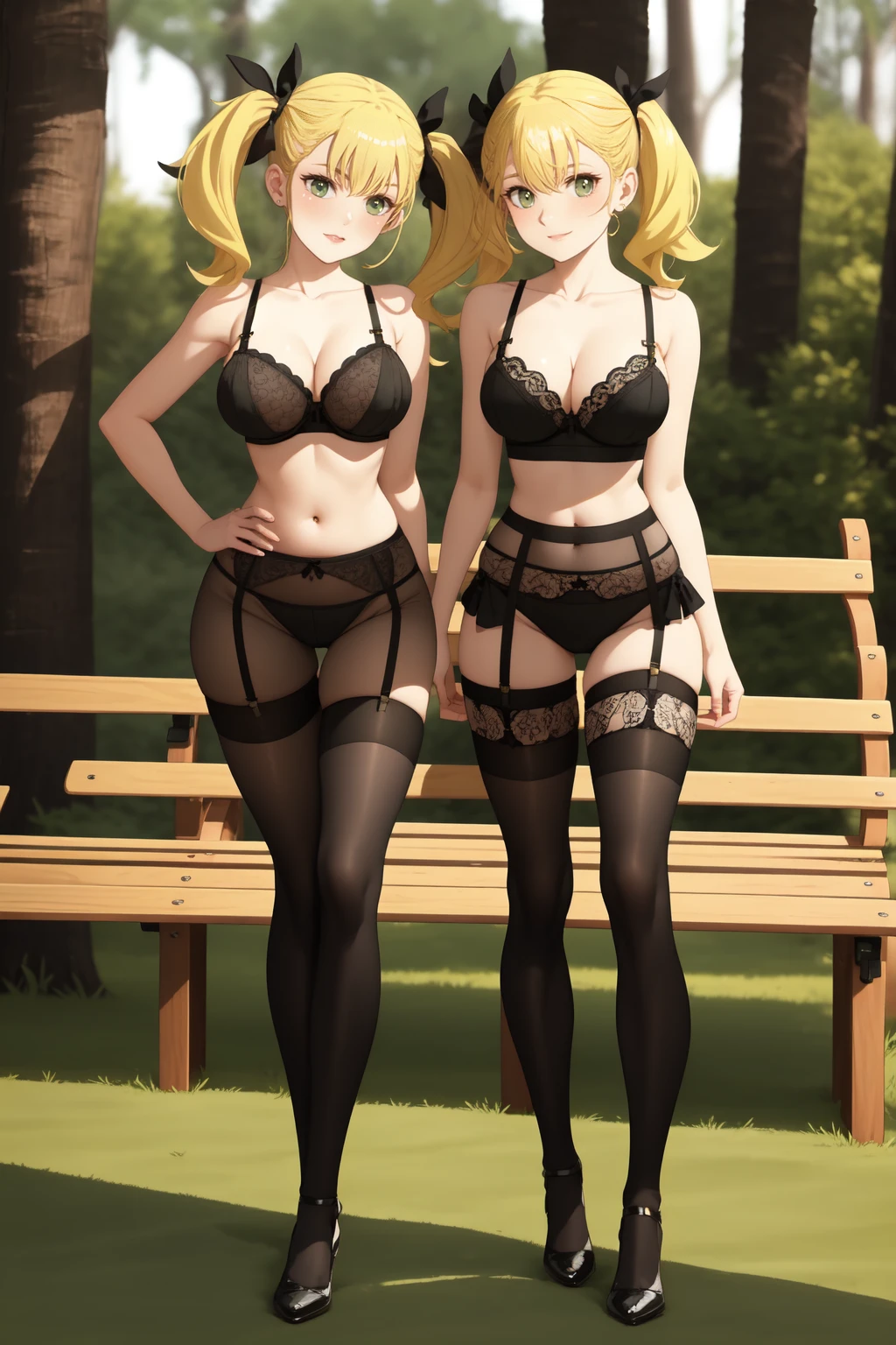 Anime girl, 3D art, standing (stand), 1 girl (solo), hourglass figure, big size chest (big size boobs), looking at viewer, shy face, blush face, long hair, yellow hair, green eyes, park (trees, grass, bench), wearing a black lace bra, wearing a black lace lingerie, wearing a usual black tights, wearing a usual black garter belt, ultra resolution, high detailed, a Head with good anatomy, a body with good anatomy, a hands with good anatomy, a legs with good anatomy, well drawn navel, open navel (visible navel), full body view, visible legs, two visible pigtails 