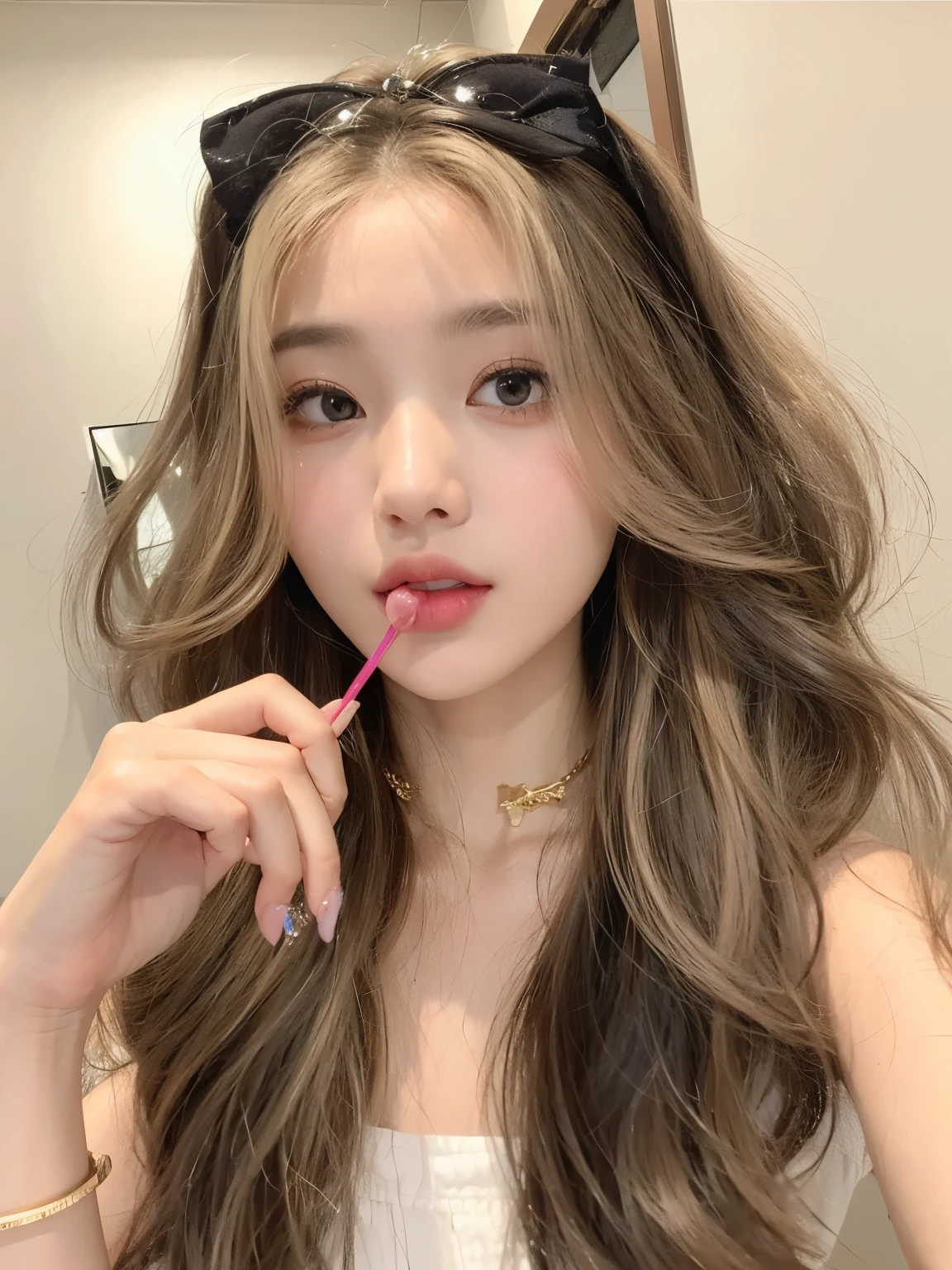 masterpiece, Best quality,Girl with black gradient flaxen hair，Lollipop in hand，Gradient highlights hairstyle，20 years old，Chinese Girl，Sweet cool girl，a girl，Exquisite  features，Meigao Makeup，American high school student
