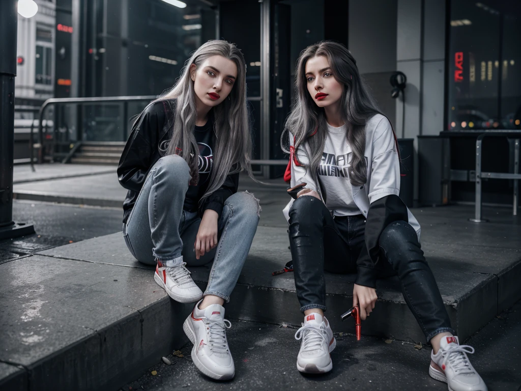 (Sci-fi fantasy), (Masterpiece), (professional oil painting) (best quality), (8k resolution), (1 beautiful girl), ((pale gray skin)), (iron gray skin), ((jeans clothes)),(red jacket)), ((black t-shirt underneath), ((red lipstick)), ((black sneakers)), (comcept art), , (long hair), (messy hair), (white hair), (iron gray hair), ((with futuristic weapon)), (ammunition), ((moonlight of the night)), (sitting thinking))