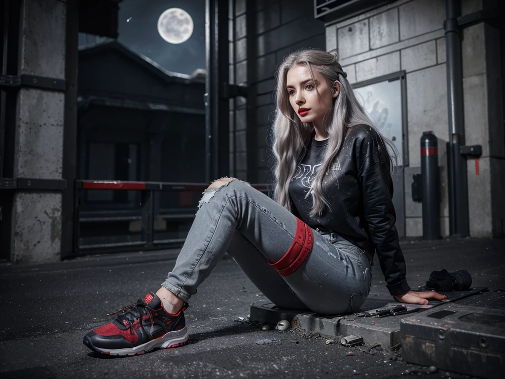 (Sci-fi fantasy), (Masterpiece), (professional oil painting) (best quality), (8k resolution), (1 beautiful girl), ((pale gray skin)), (iron gray skin), ((jeans clothes)),(red jacket)), ((black t-shirt underneath), ((red lipstick)), ((black sneakers)), (comcept art), , (long hair), (messy hair), (white hair), (iron gray hair), ((with futuristic weapon)), (ammunition), ((moonlight of the night)), (sitting thinking))