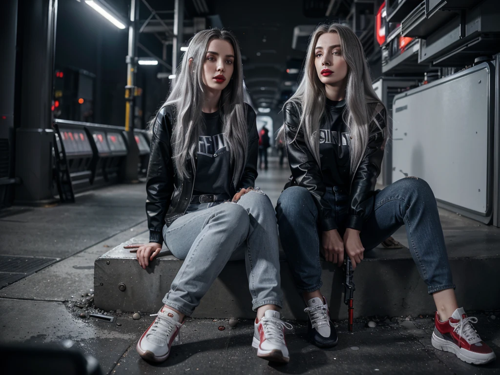 (Sci-fi fantasy), (Masterpiece), (professional oil painting) (best quality), (8k resolution), (1 beautiful girl), ((pale gray skin)), (iron gray skin), ((jeans clothes)),(red jacket)), ((black t-shirt underneath), ((red lipstick)), ((black sneakers)), (comcept art), , (long hair), (messy hair), (white hair), (iron gray hair), ((with futuristic weapon)), (ammunition), ((moonlight of the night)), (sitting thinking))