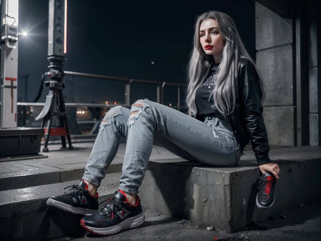 (Sci-fi fantasy), (Masterpiece), (professional oil painting) (best quality), (8k resolution), (1 beautiful girl), ((pale gray skin)), (iron gray skin), ((jeans clothes)),(red jacket)), ((black t-shirt underneath), ((red lipstick)), ((black sneakers)), (comcept art), , (long hair), (messy hair), (white hair), (iron gray hair), ((with futuristic weapon)), (ammunition), ((moonlight of the night)), (sitting thinking))