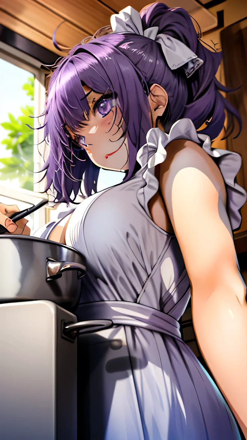 Very detailed CG Unity 8K wallpaper),(masterpiece), (Highest quality), (Very detailed), (Best illustrations),(Best Shadow), Dynamism,functional,sensuous,,Purple eyes and purple hair tied up,Large Breasts　Beautiful Eyes　Nude《Wearing only an apron》　Cooking in the kitchen　Angle from below