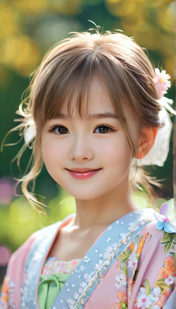 close-up of pretty Japanese_Russian girl,((flat chests:1.35)), wear pretty clothes,outdoor, bokeh background, UHD, 32K, , astonishingly pretty,absolutely cute,cute smile,very adorable, absolutely stunning,