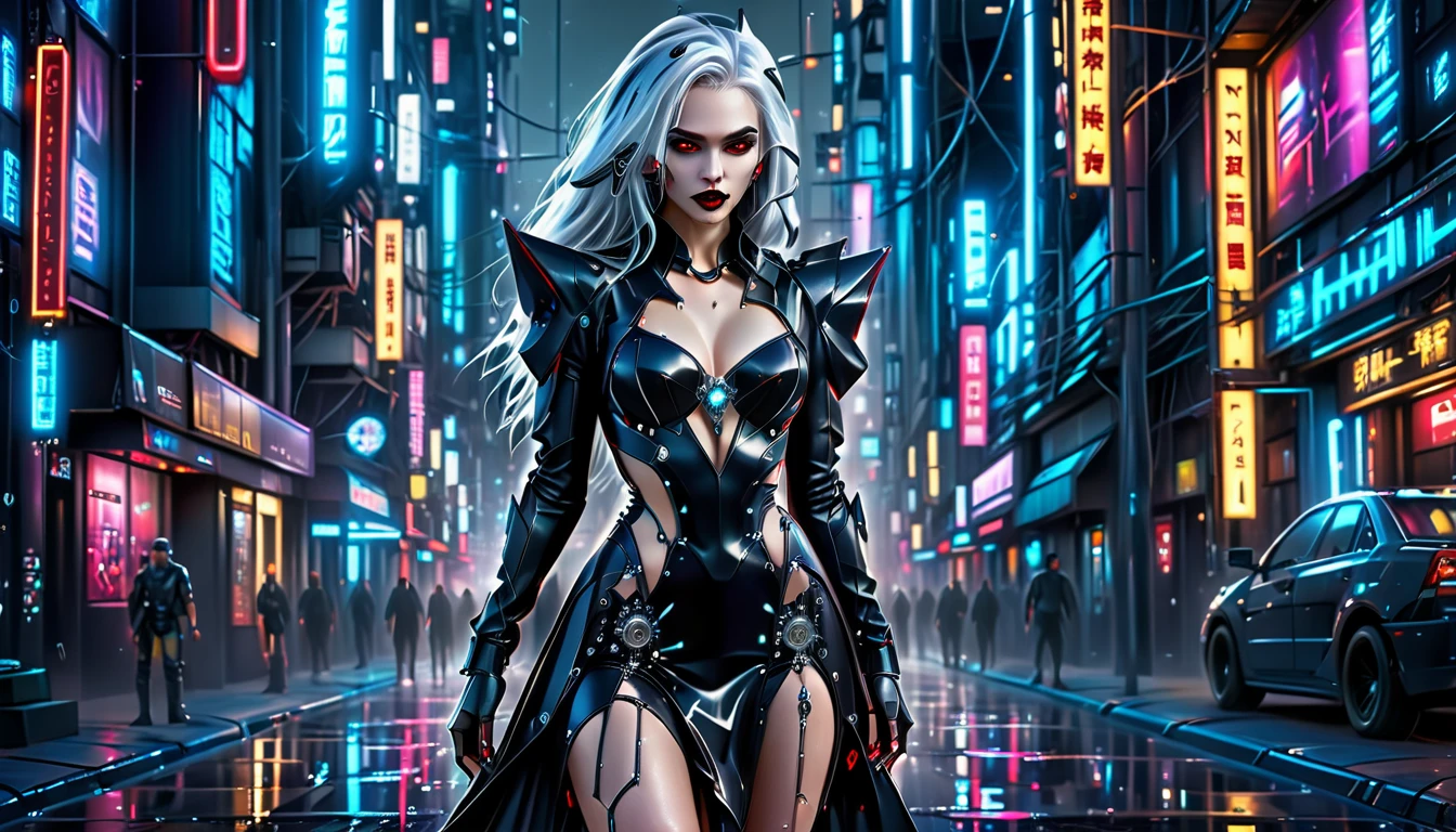 ((a photorealistic glamour shot of an exquisite, glamour mecha female vampire standing in a cyberpunk street: 1.5)), ((full body: 1.5)), ultra feminine, pale face, silver hair, long vibrant shiny hair, glamorous hair,  red eyes, miniatures mechanical , deep penetrating eyes, red lips, lustful lips, ((two visible vampiric fangs: 1.5), drops of blood dripping from the mouth, ((cyberpunk style: 1.5)), she wears (blue elegant glamour dress, with small delicate mechanical parts: 1.4), digital parts,  intricate details, the dress is studded with diamonds, tight suit, dynamic color, high heels, cyberpunk street at night background, (highest quality:1.2, Very detailed, up to date, Vibrant, Ultra-high resolution, High Contrast, masterpiece:1.2, highest quality, Best aesthetics), best details, best quality, highres, ultra wide angle, 16k, [ultra detailed], masterpiece, best quality, (extremely detailed), Genetically modified..., Cinematic Hollywood Film, nijimecha, liquid dress