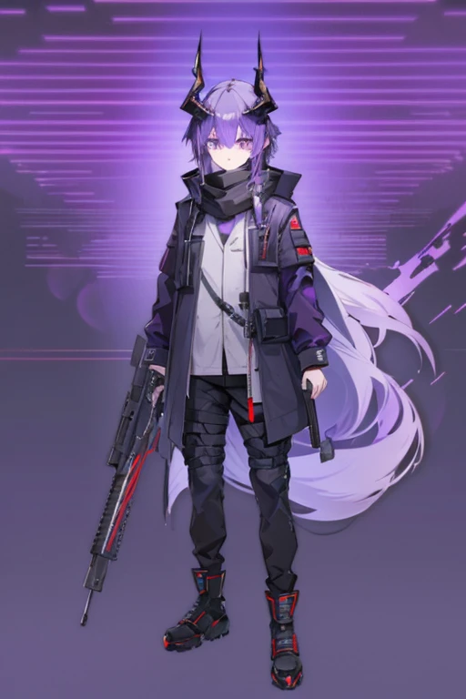 (masterpiece), best quality, solo, arknights design, arknights character, arknights style, arknights operator, black fading to purple hair, long fringes parting between his eyes, hair between eyes, dead inside, tired eyes, (horns on forehead, oni horns, long oni horns), (dark purple eyes), (high-collared dark tactical jacket, purple accents, rugged jacket), arknights style, arknights clothing, tactical pants with ammunition, reinforced boots, (dark scarf, silver accents in scarf, dark gray scarf), belts and straps, icy blue highlights