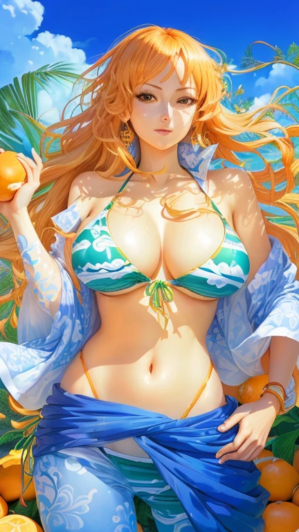 girl in bikini with oranges in background, nami one piece, nami from one piece, beautiful portrait of nami, by Kentaro Miura, amazing wallpaper, marin kitagawa fanart, nami, official art, from one piece, 4 k manga wallpaper,   girl, beautiful alluring woman, , blonde girl with long hair