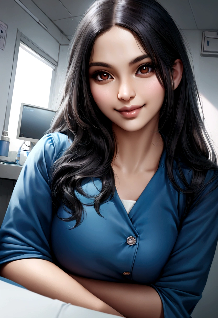 Female doctor sitting in clinic. Indian girl, hyperrealistic, ultra real, beautiful girl, in doctor's blue uniform, face close up, looking at the camera, 20-year-old girl, The eyes are happy,smile,with fair skin, full body