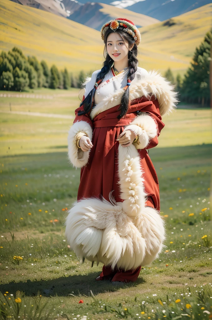 (((best quality))),(((ultra detailed))),(((masterpiece))),illustration,a beautiful Tibetan girl,solo,slim,flat chest,Plush hat,snow-capped plateau,magnificent red traditional outfit,radiant smile,Standing by the roadside,vast verdant grasslands,majestic snow-capped peaks,striking appearance,dark almond-shaped eyes,sparkling with joy,long flowing black hair,intricate braids,colorful beads,jewelries,intricately woven ribbons,red rob embroidered with golden threads,Tibetan culture,lush green grasslands,serene ambiance,sheep and yaks grazing,crisp air,invigorating scent of the highland,beauty and resilience,pure bliss