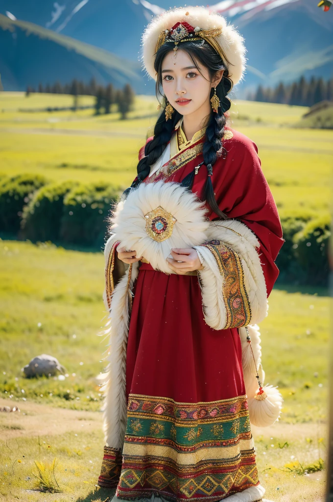 (((best quality))),(((ultra detailed))),(((masterpiece))),illustration,a beautiful Tibetan girl,solo,slim,flat chest,Plush hat,snow-capped plateau,magnificent red traditional outfit,radiant smile,Standing by the roadside,vast verdant grasslands,majestic snow-capped peaks,striking appearance,dark almond-shaped eyes,sparkling with joy,long flowing black hair,intricate braids,colorful beads,jewelries,intricately woven ribbons,red rob embroidered with golden threads,Tibetan culture,lush green grasslands,serene ambiance,sheep and yaks grazing,crisp air,invigorating scent of the highland,beauty and resilience,pure bliss