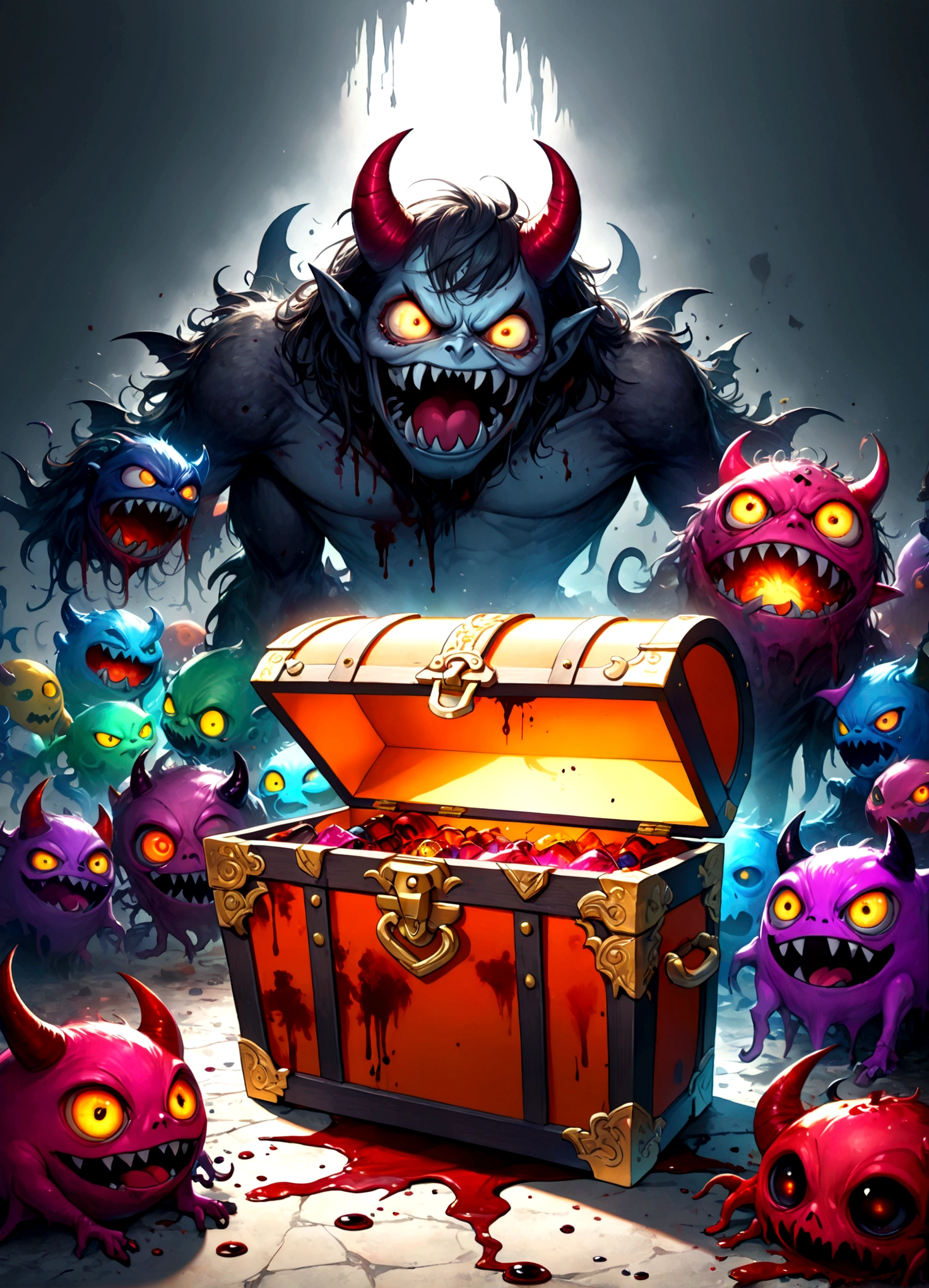 (mimic,Treasure chest turned into a monster,At first glance, it looks like a normal treasure chest, but there are torn clothes sticking out and blood stains.),create an artistic background,White shadows of vengeful spirits twitching in fear,The vengeful spirits are crying and crying black tears.,hell,demon world,black mist,splash blood,decadently,Intricate details,Wide range of colors,artwork,rendering,(masterpiece:1.3),(highest quality:1.4),(Super detailed:1.5),High resolution,Very detailed,unity 8k wallpaper,BREAK,Please express the mimic in vivid colors.,rich colors,colorful,Brightly colored,creepy color scheme,chant colorful spells,Intricate details,Wide range of colors,artwork,rendering,(masterpiece:1.3),(highest quality:1.4),(Super detailed:1.5),High resolution,Very detailed,unity 8k wallpaper