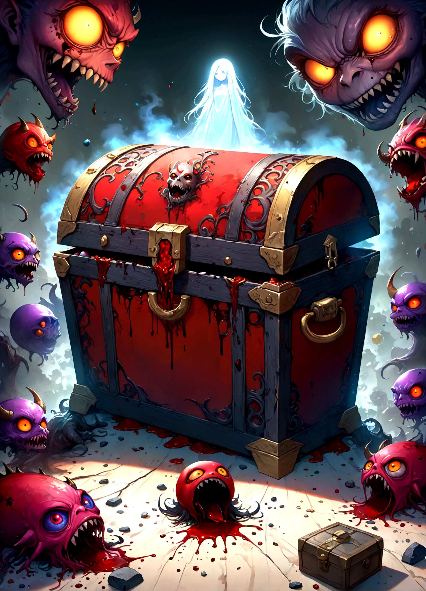 (mimic,Treasure chest turned into a monster,At first glance, it looks like a normal treasure chest, but there are torn clothes sticking out and blood stains.),create an artistic background,White shadows of vengeful spirits twitching in fear,The vengeful spirits are crying and crying black tears.,hell,demon world,black mist,splash blood,decadently,Intricate details,Wide range of colors,artwork,rendering,(masterpiece:1.3),(highest quality:1.4),(Super detailed:1.5),High resolution,Very detailed,unity 8k wallpaper,BREAK,Please express the mimic in vivid colors.,rich colors,colorful,Brightly colored,creepy color scheme,chant colorful spells,Intricate details,Wide range of colors,artwork,rendering,(masterpiece:1.3),(highest quality:1.4),(Super detailed:1.5),High resolution,Very detailed,unity 8k wallpaper