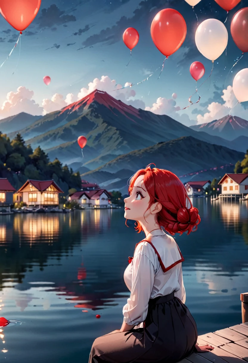 On a dark night, on a lake, in the background a mountain with some white houses and a red roof, with many cantoya balloons floating in the sky and some above the lake, out of focus a woman looking up at the sky, sitting on the edge of a small dock,