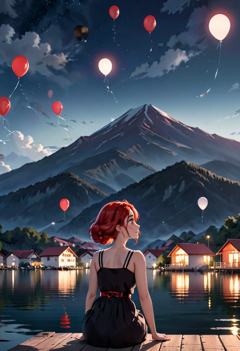 On a dark night, on a lake, in the background a mountain with some white houses and a red roof, with many cantoya balloons floating in the sky and some above the lake, out of focus a woman looking up at the sky, sitting on the edge of a small dock,