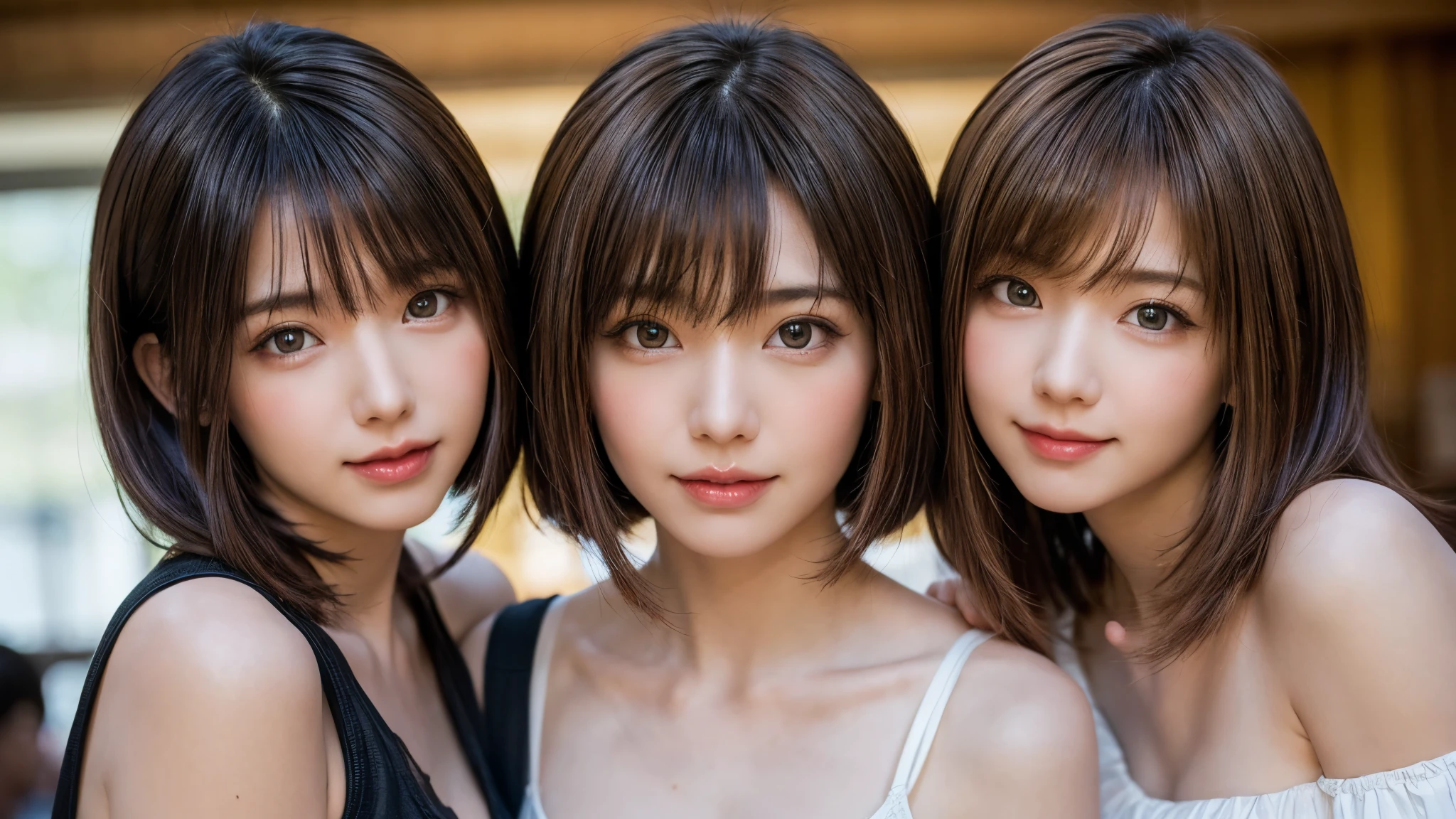 ((masterpiece)), ((Highest quality)), (Very detailedな), ((Very detailed)), 4K, (8K), Highest quality, (beautiful), shape, Anime Style, Genuineistic, Genuine, Dynamic Angle, ((whole body)), Thick outline, Clear contours, Live Performance Venues, ((Three Girls, Three cute girls)), Idol, Young entertainers, beautiful light brown hair, beautiful brown eyes, ((beautiful eyes)), short hair, Big Breasts, A light smile, ((like, hug, kiss)), Shiny, Shine