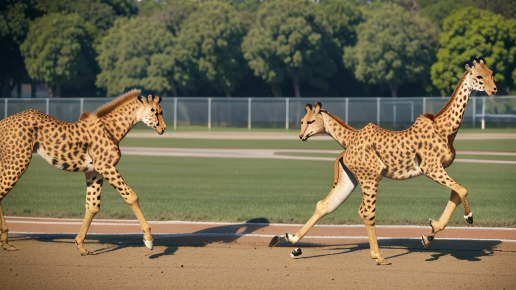 A giraffe running on the track，A cheetah follows behind, Paul Bird (Paul Bird) album cover, shutter, realism, Humanoid Cheetah, sprint, impressive winning photo, Animals running, Animal Chase, Award-winning shots, Olympic Games Photos, Photo of the Year Award Winner, amazing shot, photogrAssociated Pressh credit: Associated Press, Winning photo of the year