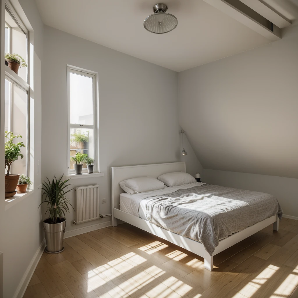 9 square meters bedroom interior ceiling height 250 centimeters, early afternoon, one window to the north 160 centimeters wide and 205 centimeters tall and 50 centimeters from the floor, walls are painter Silver Fox 2108-50, a 140x200 bed and some plants on the north wall