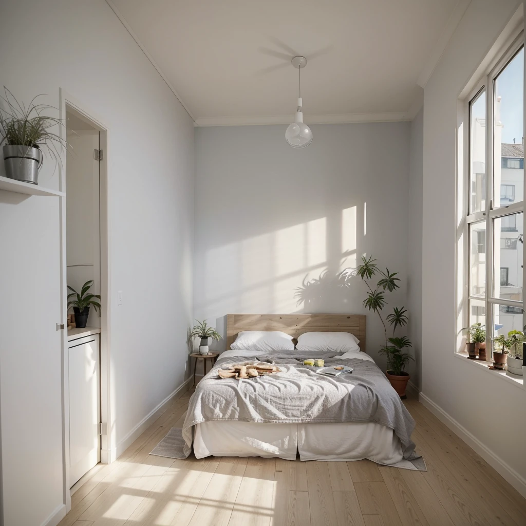 9 square meters bedroom interior ceiling height 250 centimeters, early afternoon, one window to the north 160 centimeters wide and 205 centimeters tall and 50 centimeters from the floor, walls are painter Silver Fox 2108-50, a 140x200 bed and some plants on the north wall