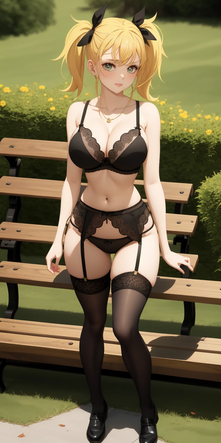 Anime girl, 3D art, standing (stand), 1 girl (solo), hourglass figure, big size chest (big size boobs), looking at viewer, shy face, blush face, long hair, yellow hair, green eyes, park (trees, grass, bench), wearing a black lace bra, wearing a black lace lingerie, wearing a usual black tights, wearing a usual black garter belt, ultra resolution, high detailed, a Head with good anatomy, a body with good anatomy, a hands with good anatomy, a legs with good anatomy, well drawn navel, open navel (visible navel), full body view, visible legs, two visible pigtails