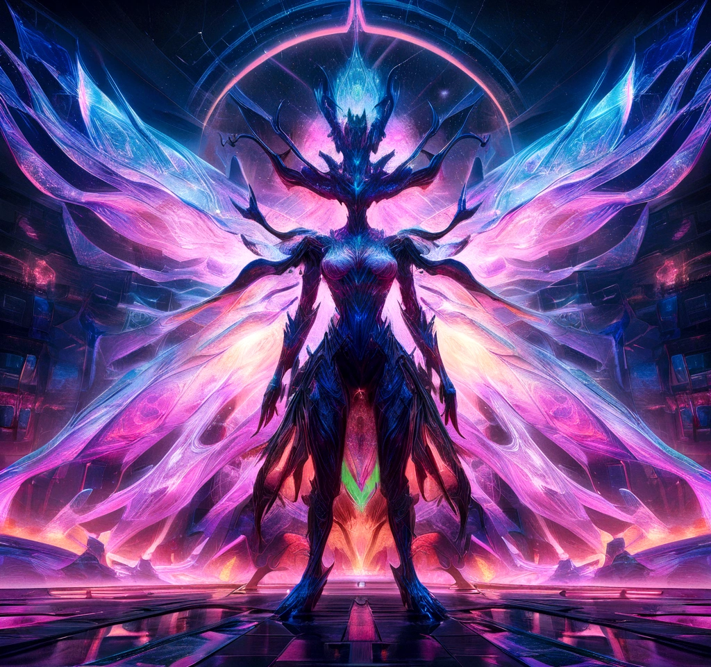 android mechanical lich:Evil Celestial Glow, robot wings,earnst haeckel, james jean. generative art, baroque, intricate patterns, fractalism, movie still, photorealistic, intricate, elegant, highly detailed, artstation, smooth, sharp focus, illustration, outrun, vaporware,full body shot, demonic energy holding different monsters, angle from below, Evil laugh:Exuberant, cinematic lighting, ((blood moon in background lighting scene))