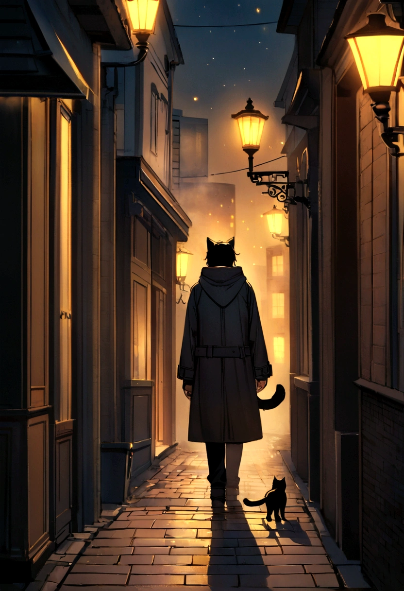 Create a scene, night, On a dark street inspired by the streets of London, Only illuminated by the yellow light of the street lamps in the distance. Wet street tiles,There was mist in the air. The streets were empty, Only two young men stood out. A person wearing white warm clothes、A girl with dark hair and a black warm clothes、Blonde boy. A cat walks along the wall of one of the houses. (The scene needs to have a black vibe)