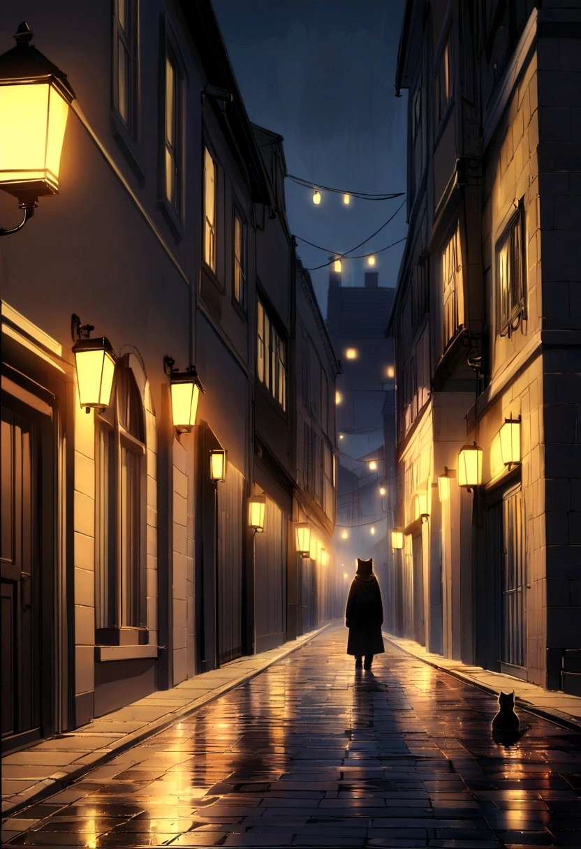 Create a scene, night, On a dark street inspired by the streets of London, Only illuminated by the yellow light of the street lamps in the distance. Wet street tiles，There was mist in the air. The streets were empty, Only two young men stood out. A person wearing white warm clothes、A girl with dark hair and a black warm clothes、Blonde boy. A cat walks along the wall of one of the houses. (The scene needs to have a black vibe)