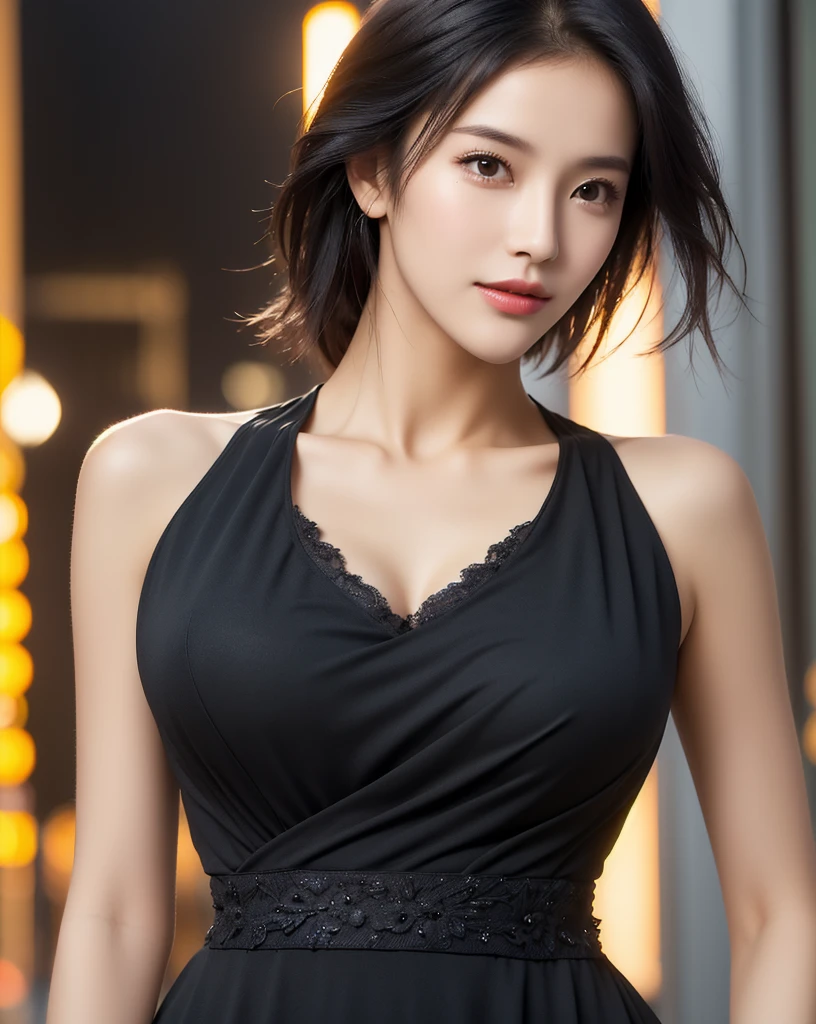 ((Highest quality, 8K, masterpiece: 1.3)), One Japanese woman,whole body, Sharpen your focus: 1.2, Outstanding beauty: 1.4, Slim Abs: 1.2, (((Black Hair, big: 1.2)), Tank top dress: 1.1, (Night City, street: 1.1), Highly detailed face and skin texture, Fine grain, double eyelid