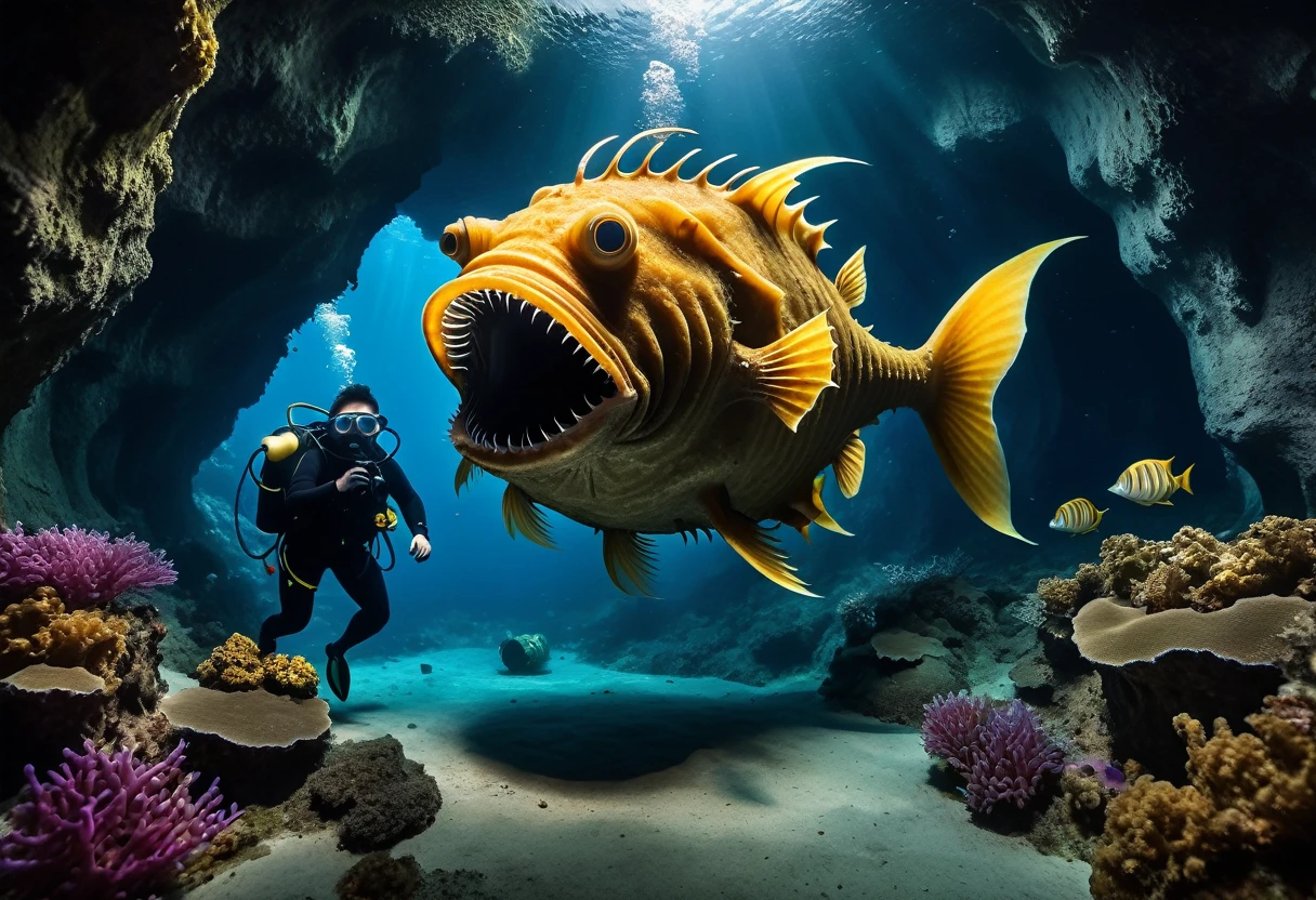 An anglerfish monster disguised as a giant underwater cave、The treasure hunter divers approach without noticing.、