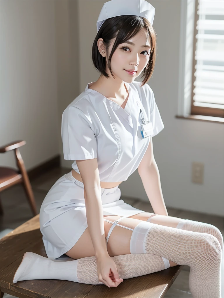 (Highest quality: 1.5), (Realistic: 1.5), (1 person: 1.5), (Very detailed), (High resolution), 8K, Shoot from below, (Japanese women), ((wear White nurse uniform)), (Nurse cap), (Wear a micro mini skirt), (Medium chest), Natural color lips, Cute Smile, 20-year-old girl, (Beautiful and elaborate face), (Perfect and beautiful face), (Big eyes), (Beautiful and elaborate face), (Left/right balance) Beautiful Eyes), Beautiful double eyelids, Perfect and beautiful face, thin arched eyebrows, Slim face, (Slim figure), Beautiful thin nose, Beautiful Skin, (Medium Bob Hair), Natural Bangs, Fair skin, Front view Lighting, (Facial lighting), Dark blue eyes, Slim waistline, Slender and beautiful legs, nurse, Stethoscope, (Sitting on the operating table), (Wearing a white garter belt and white knee-high stockings), white nurse clothes, operating room、((White nurse clothes)), ((White Micro Mini Skirt)), pure white,