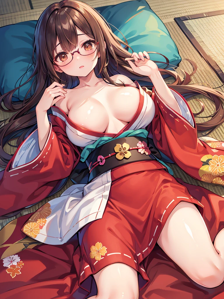 1 Female、Brown hair、Brown Eyes、Best Quality、Super detailed、8 Resolution、Raw photo、Mastepiece、Perfect Body、high resolution、Highest quality、Detailed drawing、Vibrant colors、lure、Long Hair、Black-rimmed glasses、Big Breasts、Captivating breasts、Lie down on the futon、kimono
