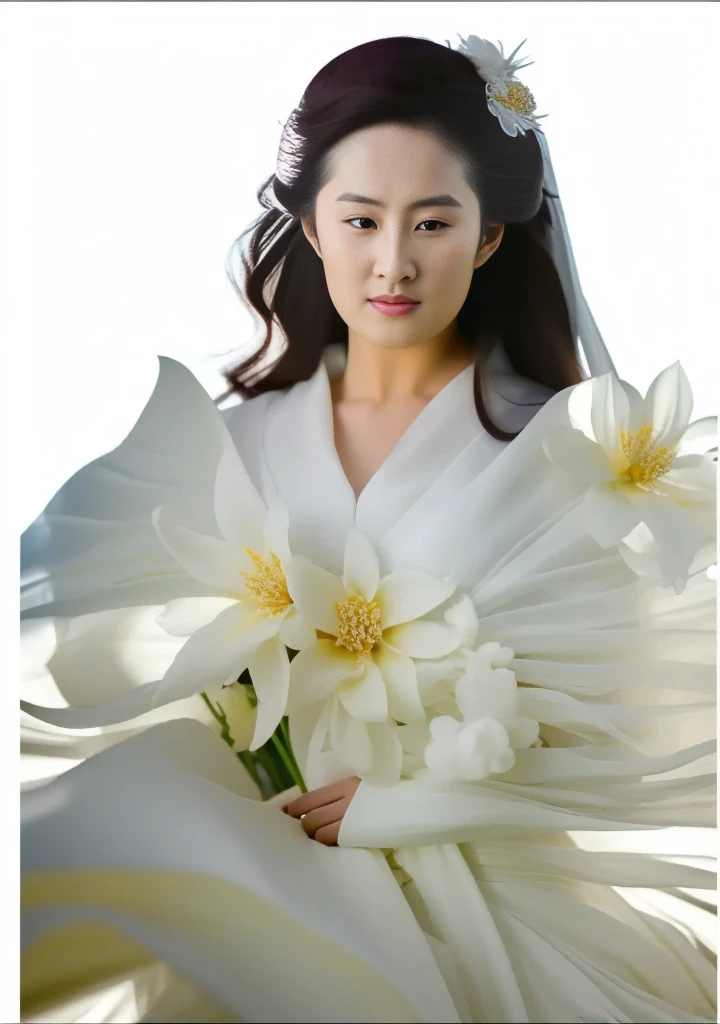 pink background, arafed woman in a white dress with large flowers on her dress,, inspired by Liu Haisu, made of silk paper, robe. extremely high details, floral couture, inspired by Ruan Jia, flowing gown, dressed beautiful gown, intricate gown, sha xi, inspired by Huang Ji, inspired by Wen Jia, yanjun chengt, an intricate dress