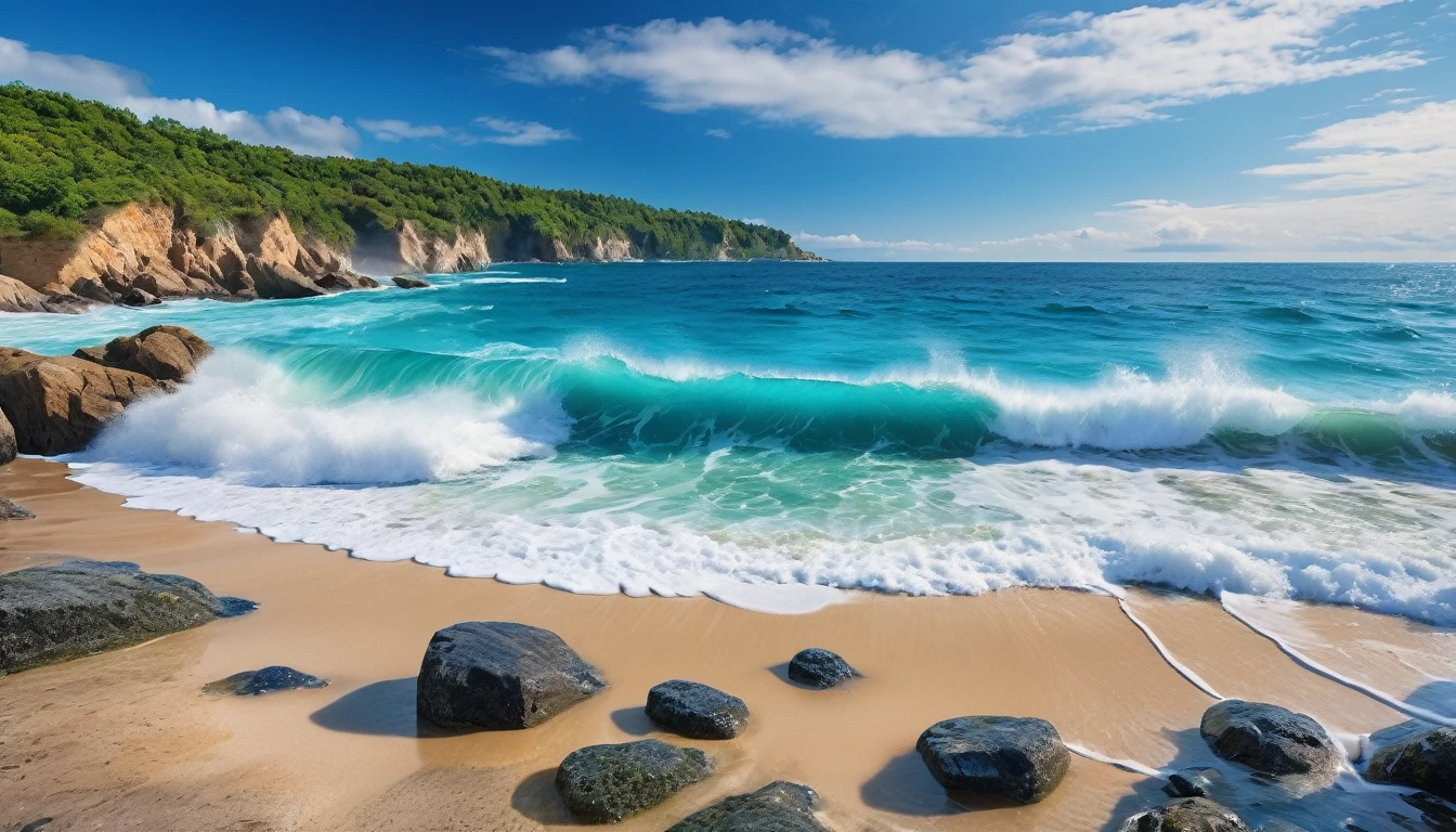 sea waves, beach, blue sea landscape photo, (masterpiece, ultra quality, high resolution, 8k, intricate: 1.2), (masterpiece), (best quality:1)