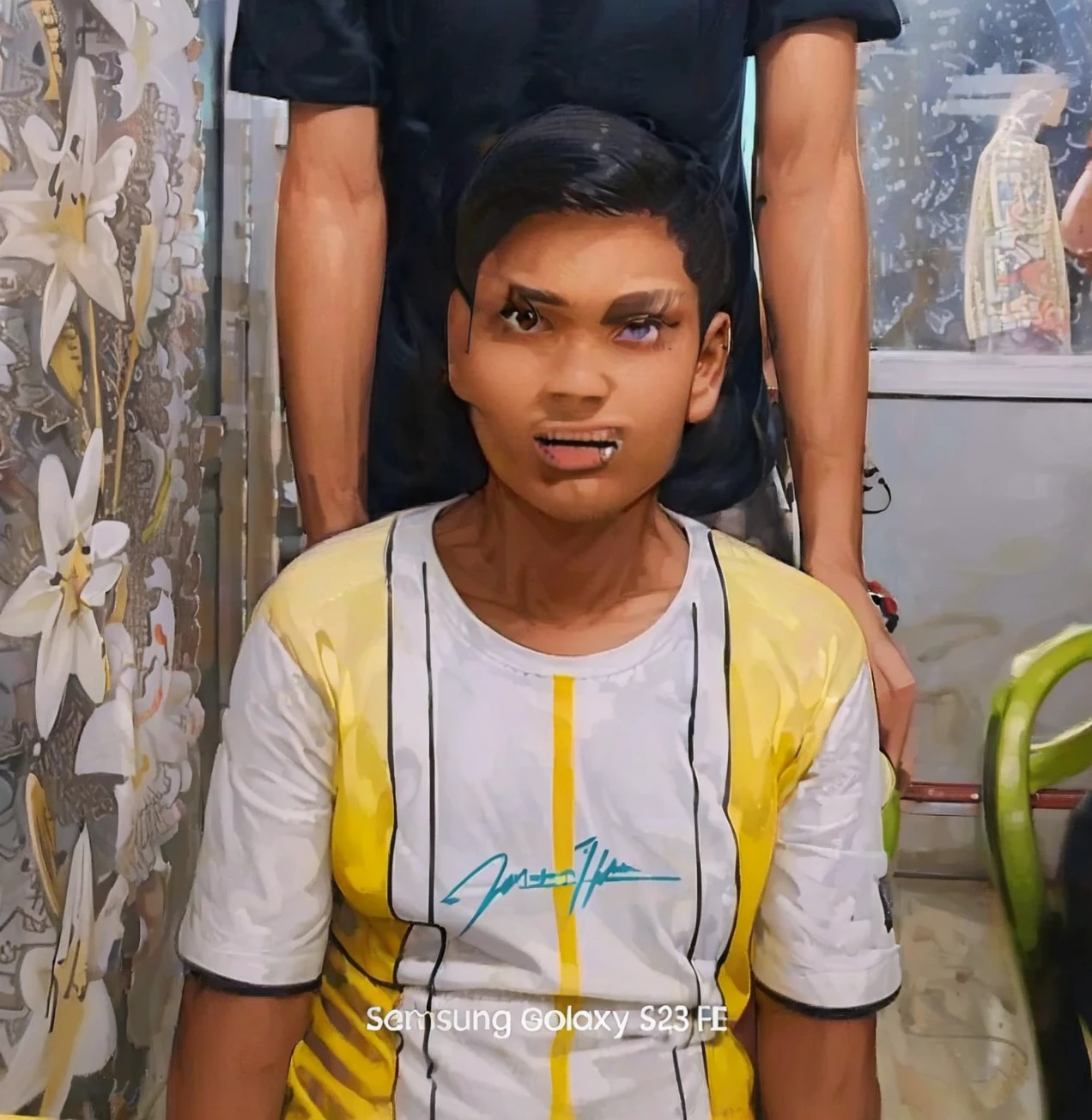 ((Masterpiece)), best quality, absurderes, ultra detailed, holographic, cowboy shot, golden ratio, super cute girl, mature girl, idol girl, super beautiful asian girl with very beautiful violet glowing eyes, beautiful glowing brown multicolored hair, high ponytail, nice and ???? body, slim body, perfect body, wearing a super tight anime printed leotard, an anime printed super tight off shoulder long sleeve crop top, a super aesthetic transparent mini jacket, beautiful hair ornament, pink jordan tennis, being photographed in a mall shop with her handsome skinny boyfriend, wearing