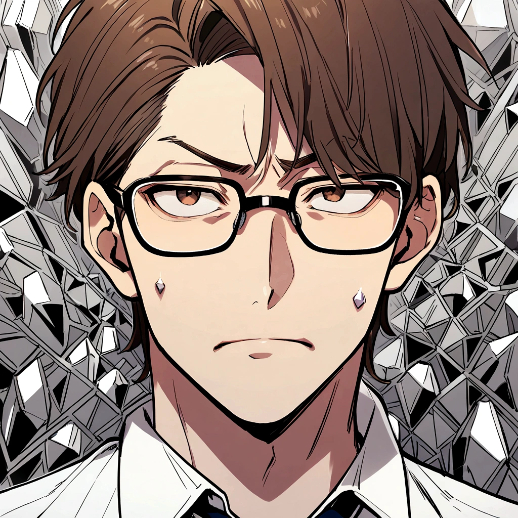 30-year-old male, With short brown hair,It is made of diamonds, Stern expression, And brown eyes, Wearing a white shirt、Wearing a tie and glasses.