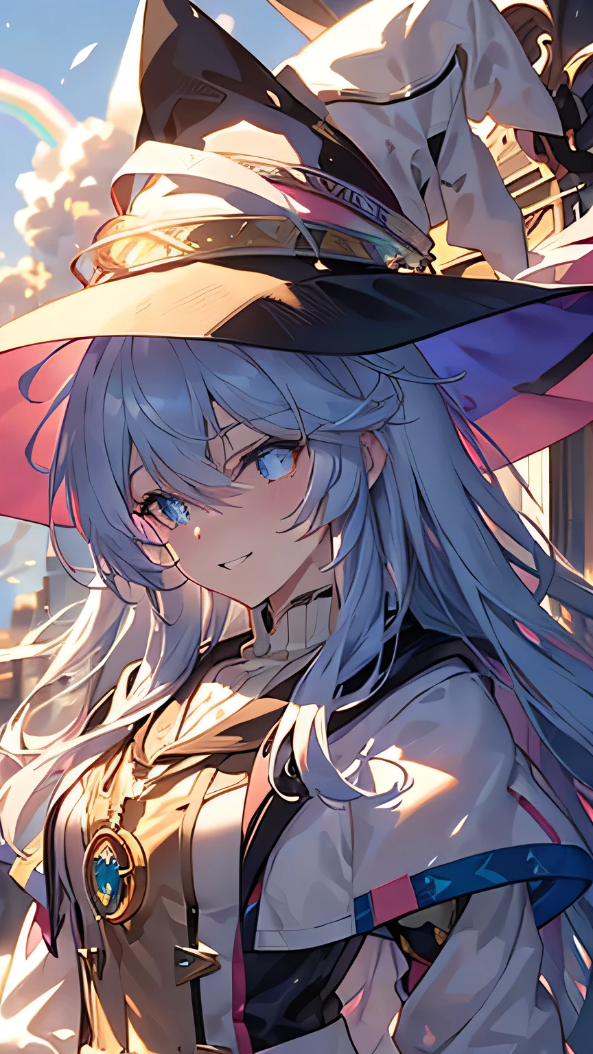 ((rainbow hair)), hair over shoulder, messy hair, hair over eyes, witch hat, wizard hat, grin, bright pupils, happy, anime, cinematic lighting, UHD, ((masterpiece)), super detail, (detailed eyes, detailed face), high quality, highres, high details, Witch with powerful magical light, female wizard, wide-brimmed hat, wizard's staff, wand, A torrent of light, colorful rays intersecting, (Right arm thrust out in front), orange costume, light blue hair