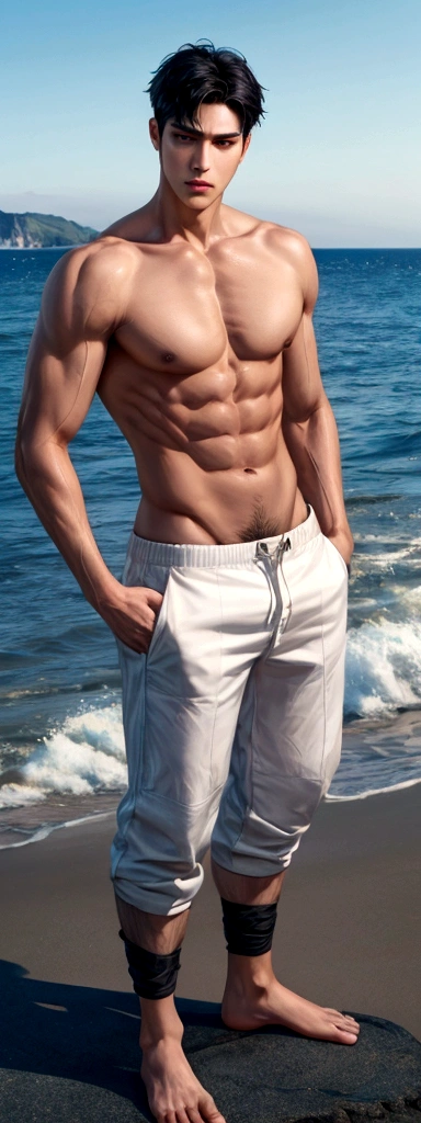 1 male, tall body, stronger body, black hair, short hair, natural face, Sharp eyes, eagle eyes, cute lips, ignore face, charming, fresh, looking at viewer, thick neck, standing pose, sea background