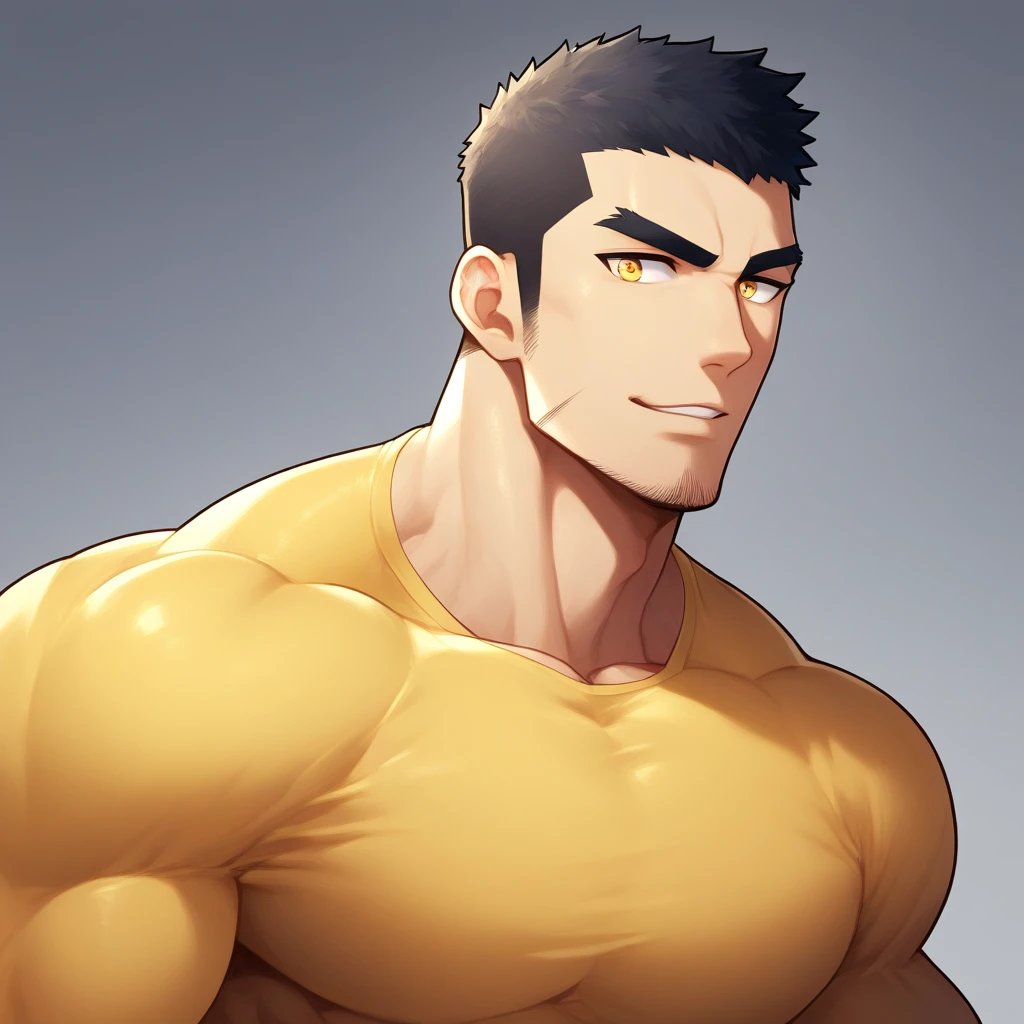 anime characters:Gyee, Muscle Sports Student, 1 muscular tough guy, Manliness, male focus, Light Yellow long sleeve tights, Very tight, The pectoral muscles are oversized, Slightly transparent, muscular male, muscular, only, Upper body, alone, Black short hair, Thick eyebrows, stubble, Yellow eyes, Grey background, simple background, amazing quality, best aesthetics, Ridiculous, bright pupils, crew cut, parted lips, seductive smile, torogao, naughty face, drop shadow, best quality