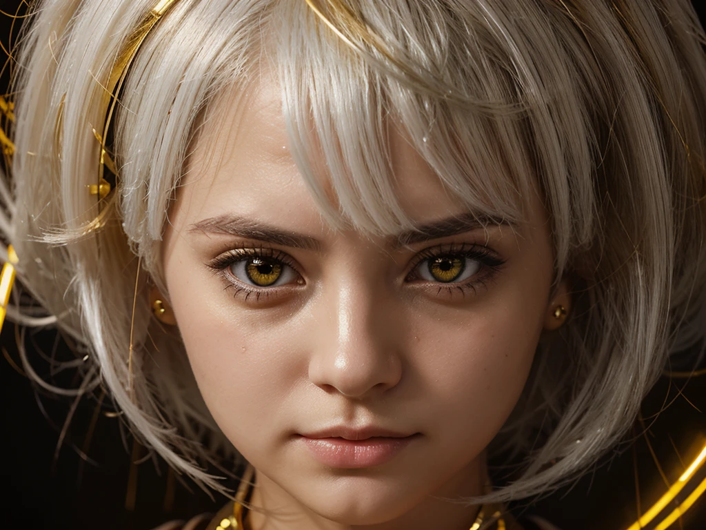 mksks style, 1girl, cute, surrounded by yellow lighting, gold eyes, white hair, black background, closeup, no smile, masterpiece, ultra detailed