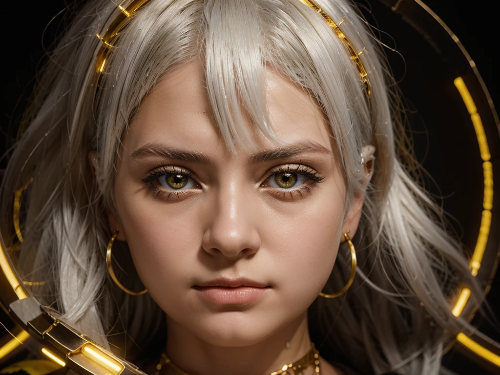 mksks style, 1girl, cute, surrounded by yellow lighting, gold eyes, white hair, black background, closeup, no smile, masterpiece, ultra detailed