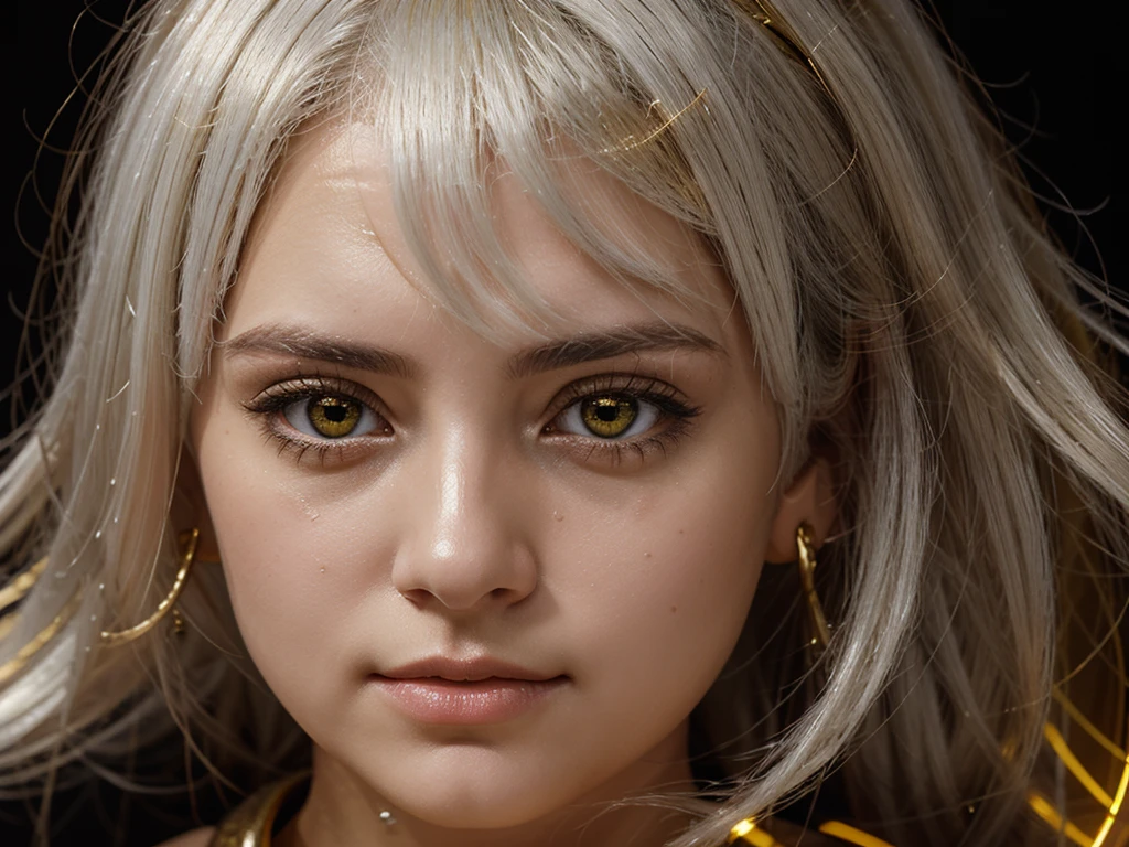 mksks style, 1girl, cute, surrounded by yellow lighting, gold eyes, white hair, black background, closeup, no smile, masterpiece, ultra detailed