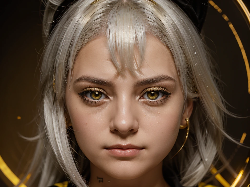 mksks style, 1girl, cute, surrounded by yellow lighting, gold eyes, white hair, black background, closeup, no smile, masterpiece, ultra detailed