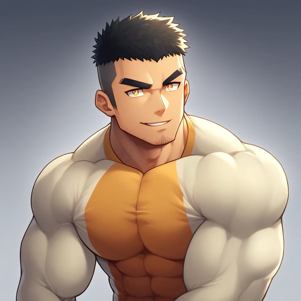 anime characters:Gyee, Muscle Sports Student, 1 muscular tough guy, Manliness, male focus, Light Yellow long sleeve tights, Very tight, The pectoral muscles are oversized, Slightly transparent, muscular male, muscular, only, Upper body, alone, Black short hair, Thick eyebrows, stubble, Yellow eyes, Grey background, simple background, amazing quality, best aesthetics, Ridiculous, bright pupils, crew cut, parted lips, seductive smile, torogao, naughty face, drop shadow, best quality