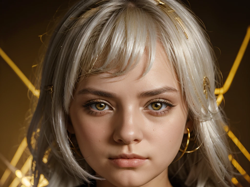 mksks style, 1girl, cute, surrounded by yellow lighting, gold eyes, white hair, black background, closeup, no smile, masterpiece, ultra detailed
