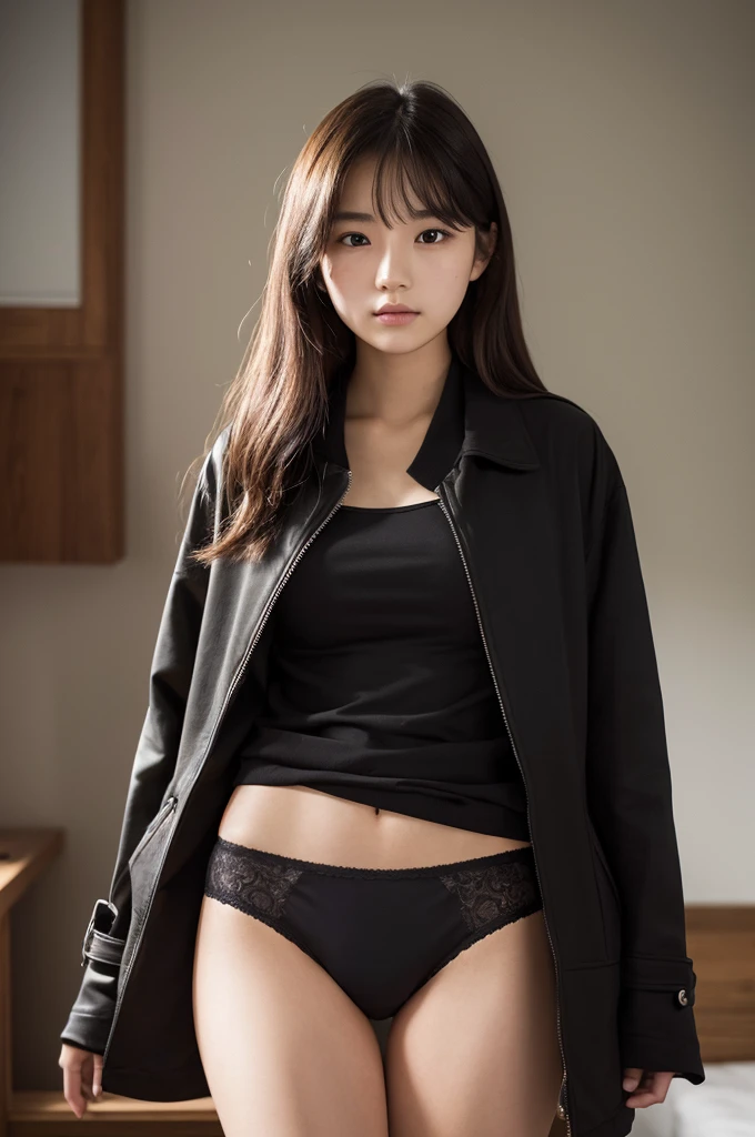 Photo of a 20 year old woman, Perfect Face, masterpiece, good, underwear, black_good, Jacket, black_panties