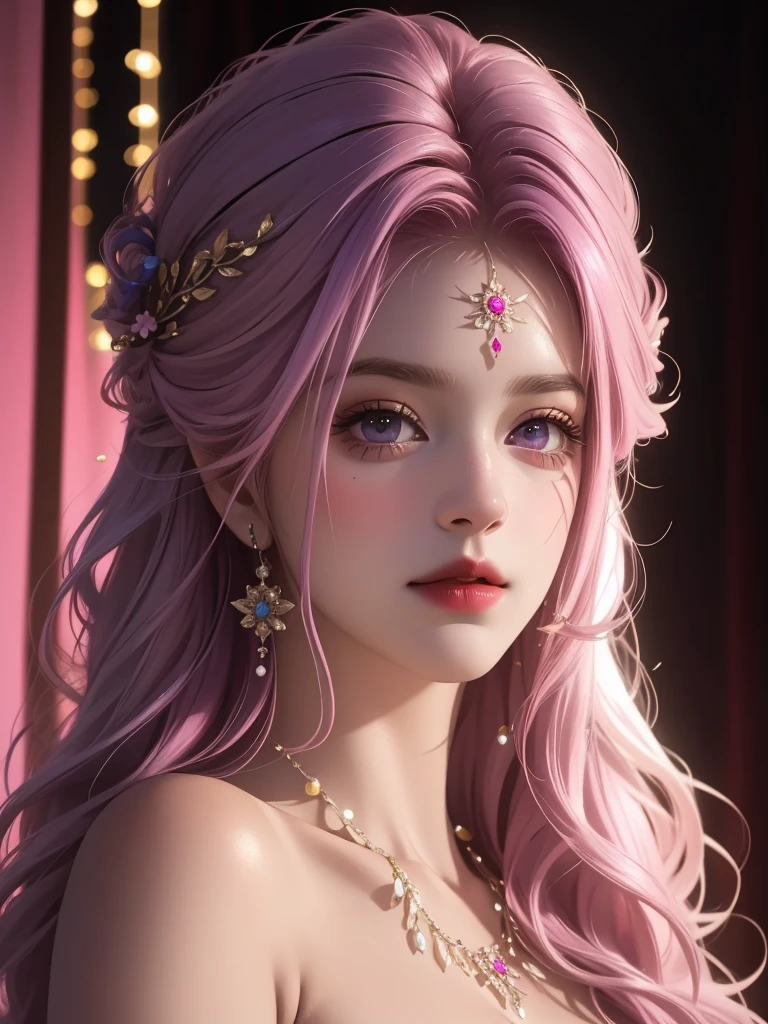 best quality, masterpiece, High target, 1 Girl, nude, Hair Decorationss, necklace, Decorations, Pretty Face, When the body, Tyndall effect, Realistic Portraits, Dark Studio, Edge lighting, Two-color light, (Very delicate skin:1.2), 8K uhd, Digital SLR Camera, Soft Light, high quality, Volumetric Lighting, Honest, photo, high resolution, 4K, 8K, Bokeh, Purple hair,pink hair tips,.