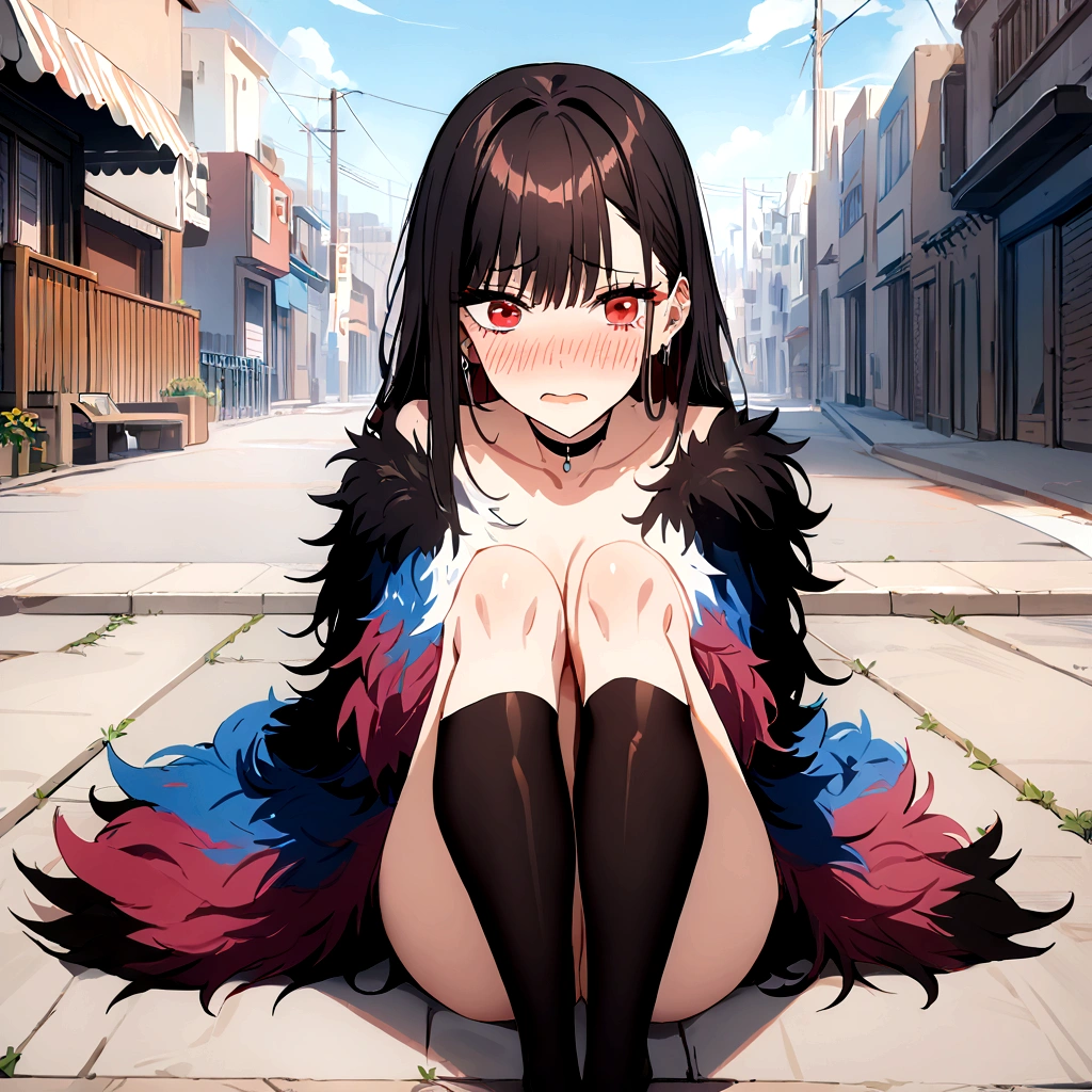 Masterpiece, Best Quality, high resolution, marina kitagawa, 1 girl, by rubio, wide, multicolor fur, Red eyes, jewelry,black choker, outdoor, naked, embarrassed, ashamed, completely blushing, knees together with feet apart