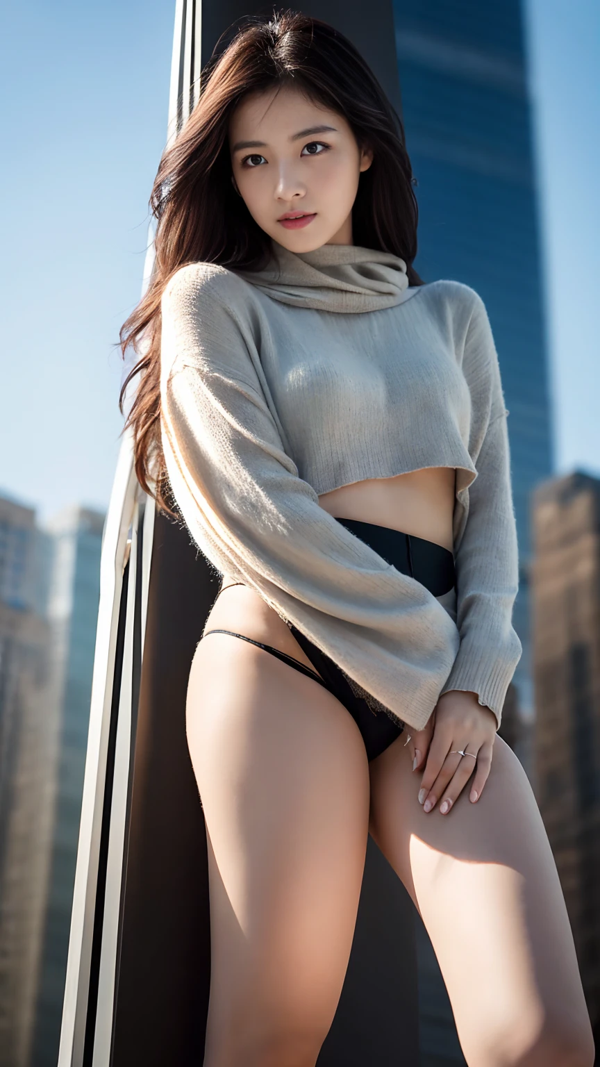 masterpiece,best quality,ultra detailed,highres,high-resolution,4K,realistic,RAW photo,((real person)),portrait photography,photorealistic,detailed skin,(delicate black eyes ), A soothing woman with sagging eyes,Calm and calm, middle hair,skinny,clothing,The wind is blowing,tareme、Standing on the edge of a rooftop of a skyscraper, a woman resembling a goddess, draped in a scarf covering her  and intimate area.、distance、Beautiful legsデコルテ、Beautiful legs