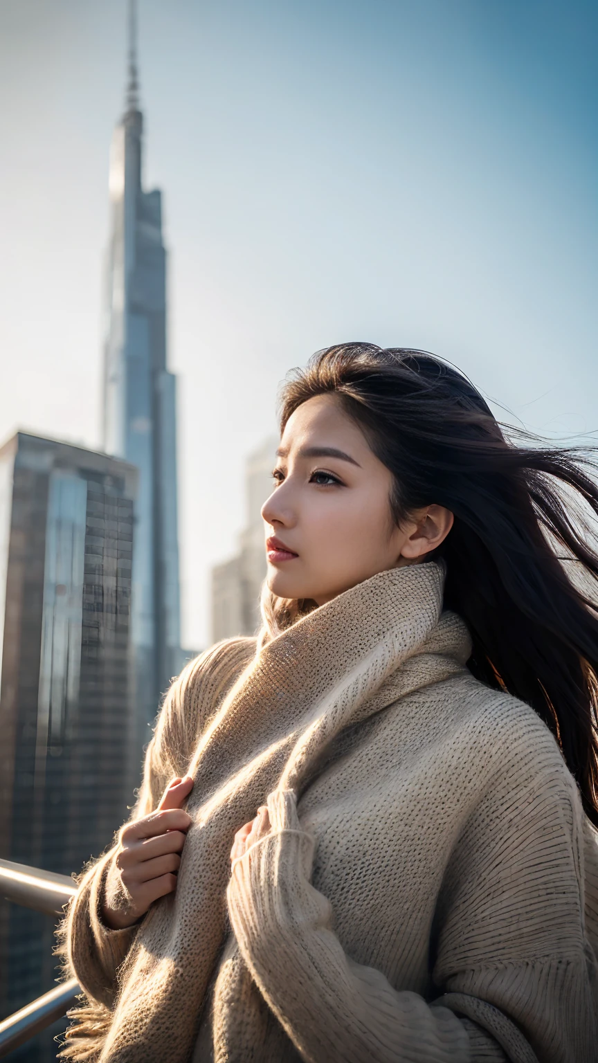 masterpiece,best quality,ultra detailed,highres,high-resolution,4K,realistic,RAW photo,((real person)),portrait photography,photorealistic,detailed skin,(delicate black eyes ), A soothing woman with sagging eyes,Calm and calm, middle hair,skinny,clothing,The wind is blowing,tareme、Standing on the edge of a rooftop of a skyscraper, a woman resembling a goddess, draped in a scarf covering her chest and intimate area.、distance、Beautiful legsデコルテ、Beautiful legs